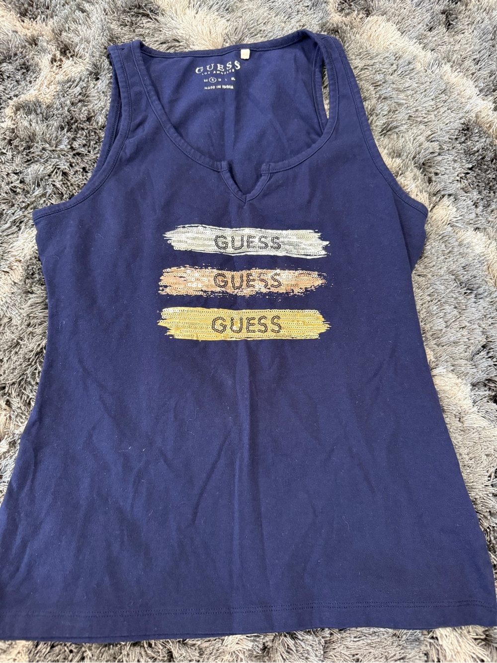 GUESS Navy Tank Top with Metallic Silver, Gold & Bronze Brush Logos